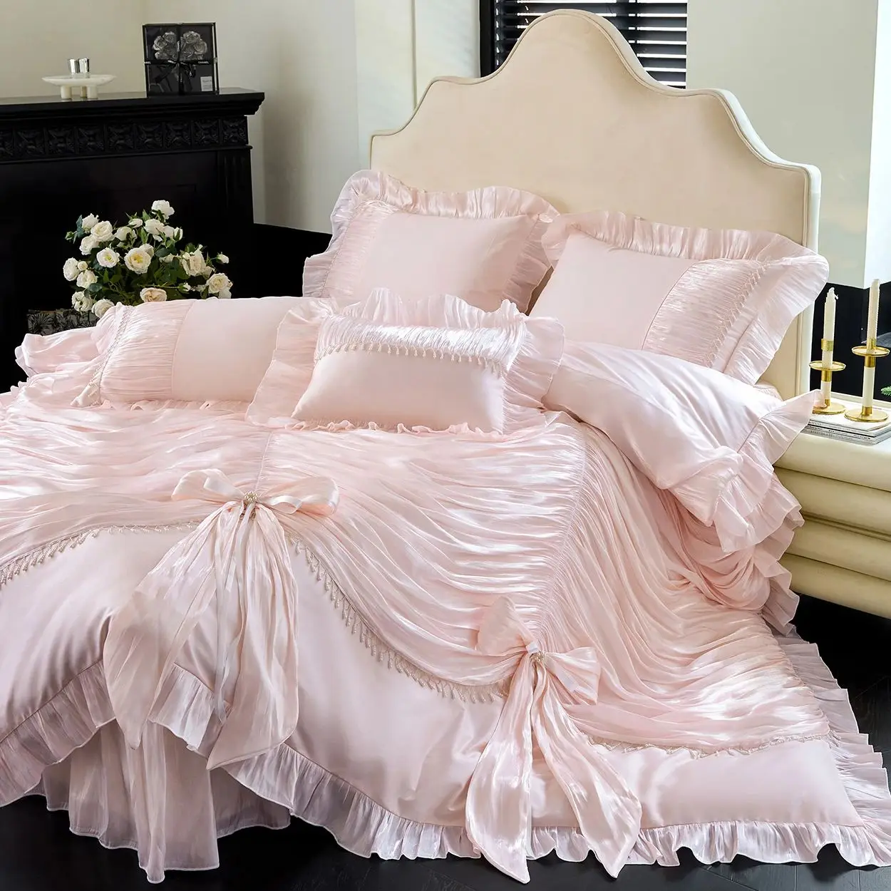 1000TC Egyptian Cotton Vintage French Palace Style Pleated Lace Ruffles Bow Bedding Set Duvet Cover Bed Skirt Pillowcases 4/5Pcs