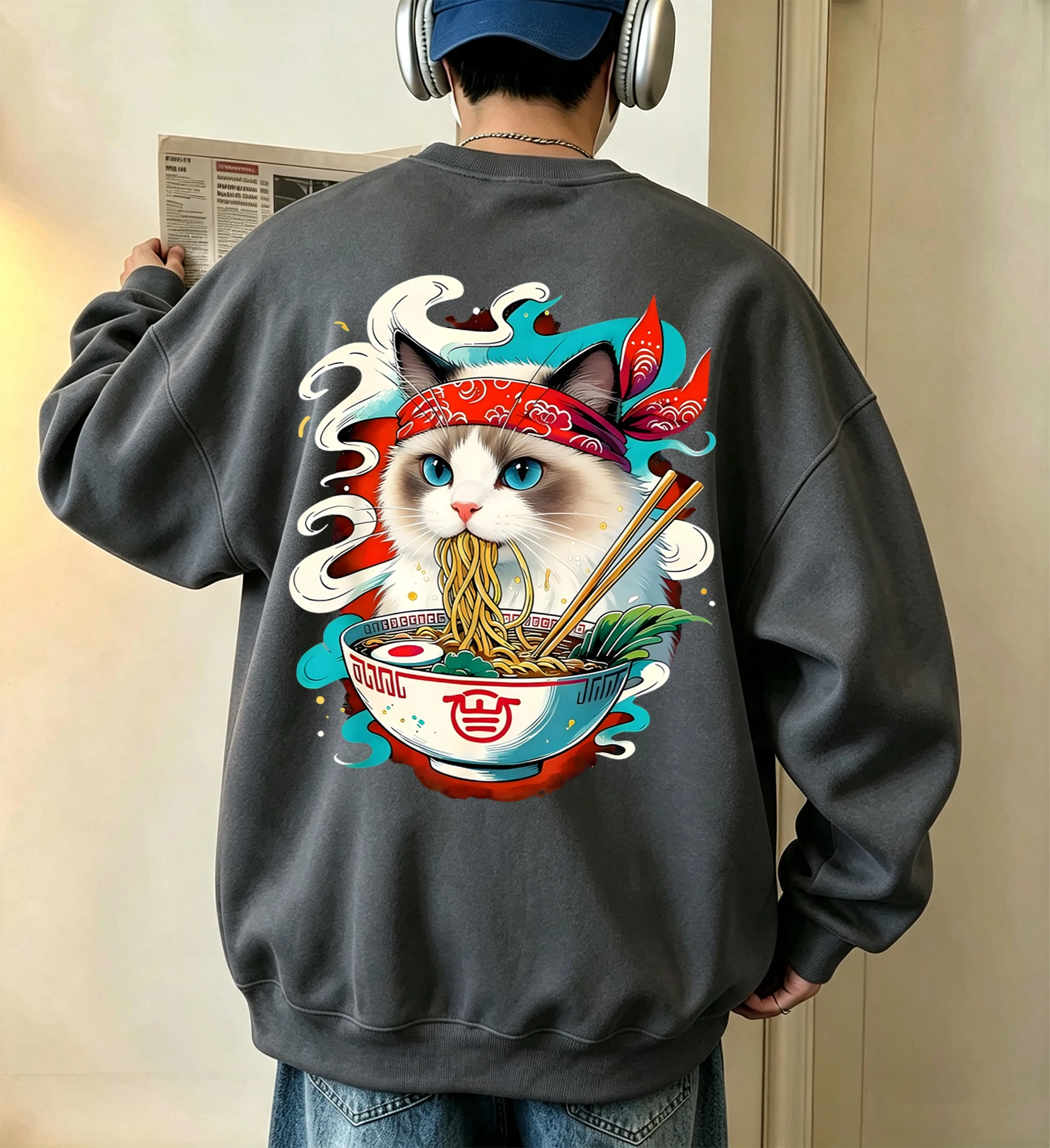 Katze kämpft mit Lamian-Nudeln bedruckter Herren-Fleece-Pullover, Vintage, lässig, langärmelig, Unisex, locker geschnittenes Basic-Sweatshirt – Detail 8