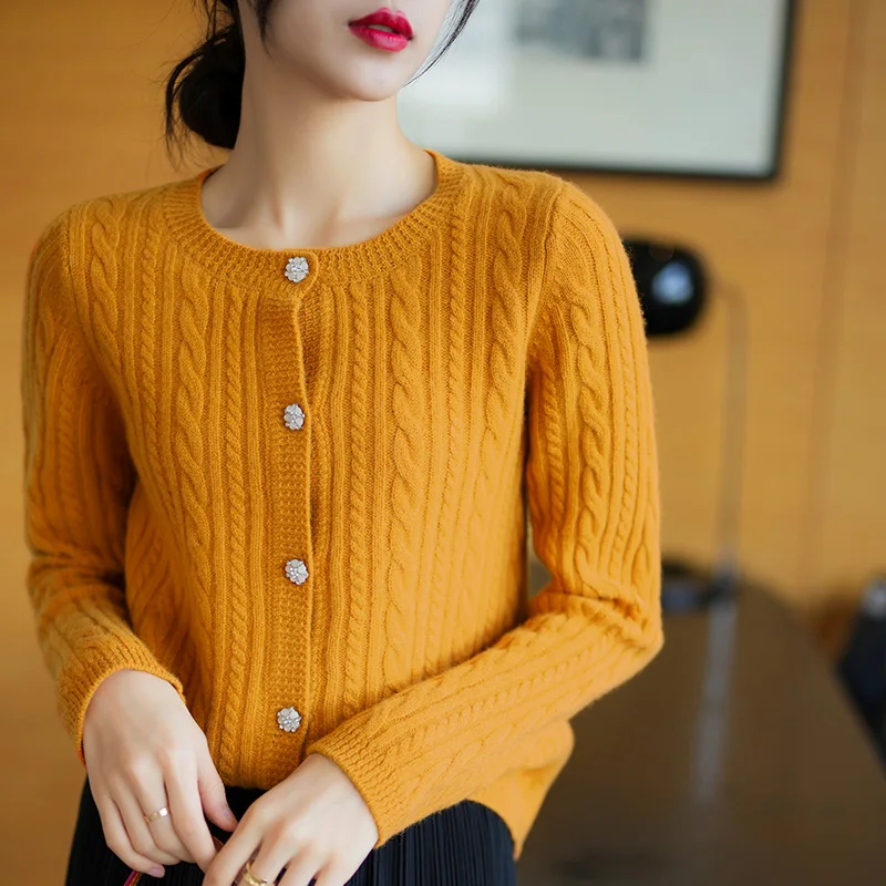 Autumn and Winter New Twist Drill Button Pure Wool Knitted Cardigan Women's Round Neck Wear Solid Color Thin Loose Sweater