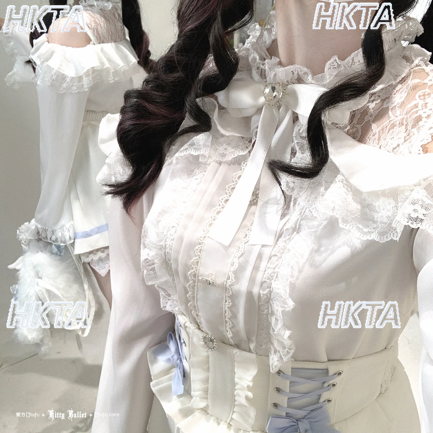 اليابانية لوليتا ركاب الجولة الرقبة خارج على الكتف طويلة الأكمام قميص أسود أعلى المرأة الخريف الحلو الدانتيل خياطة الدانتيل بلوزة #5