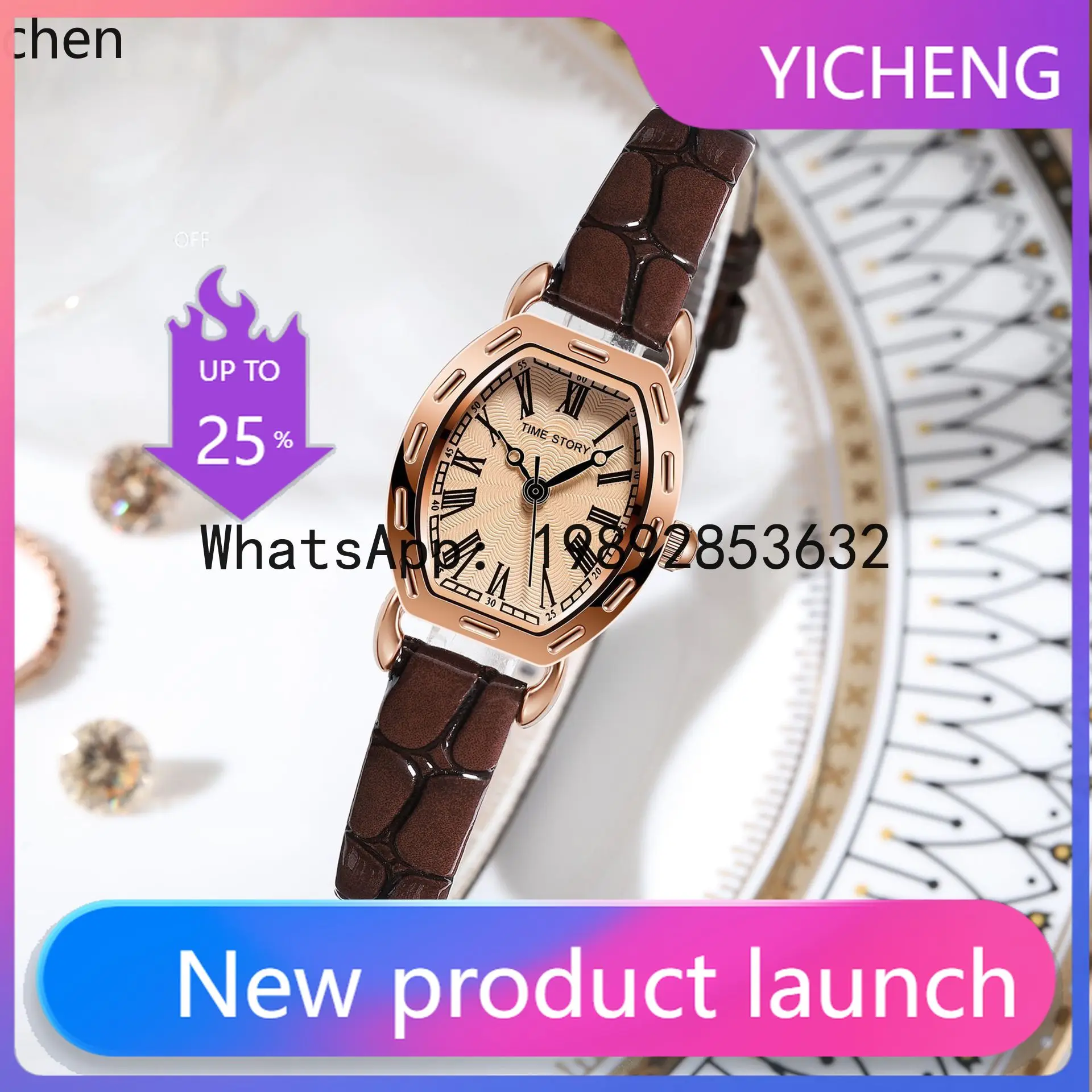 

ZZ women's watch with leather strap, elegant small square dial, quartz movement ladies' watch
