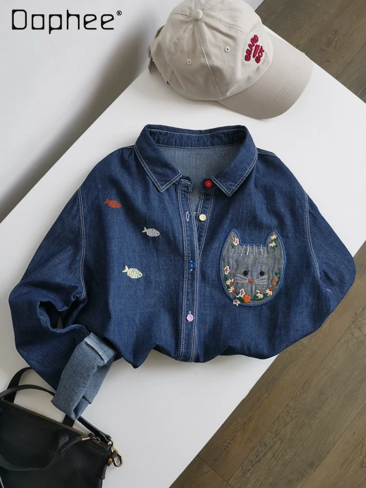 

Простая джинсовая рубашка с длинными рукавами и вышивкой кота, женский топ, новинка 2025, весенне-осенняя шикарная тонкая джинсовая рубашка