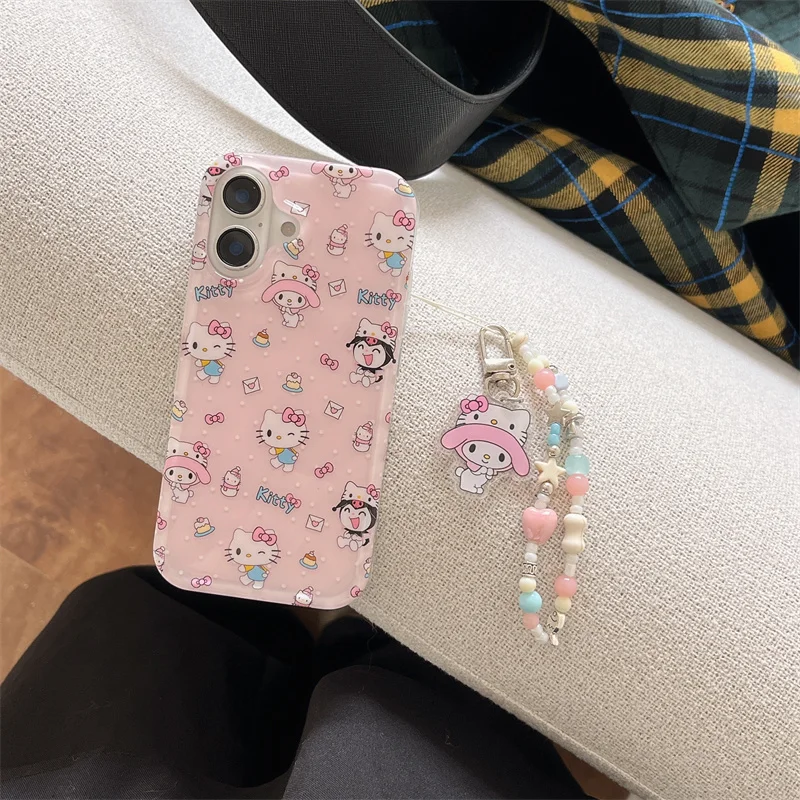 Cute Pink Cartoon Kuromi My Melody Hello Kitty Bow KT Phone Case For iPhone 13 14 15 16Pro Max Lovely Melody KT Doll Wrist Strap