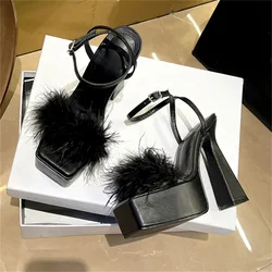 Eilyken Summer Fashion Faux Fur Buckle Strap Women Sandals Chunky Platform Super Heels Square Toe Party Shoes Zapatos De Mujer