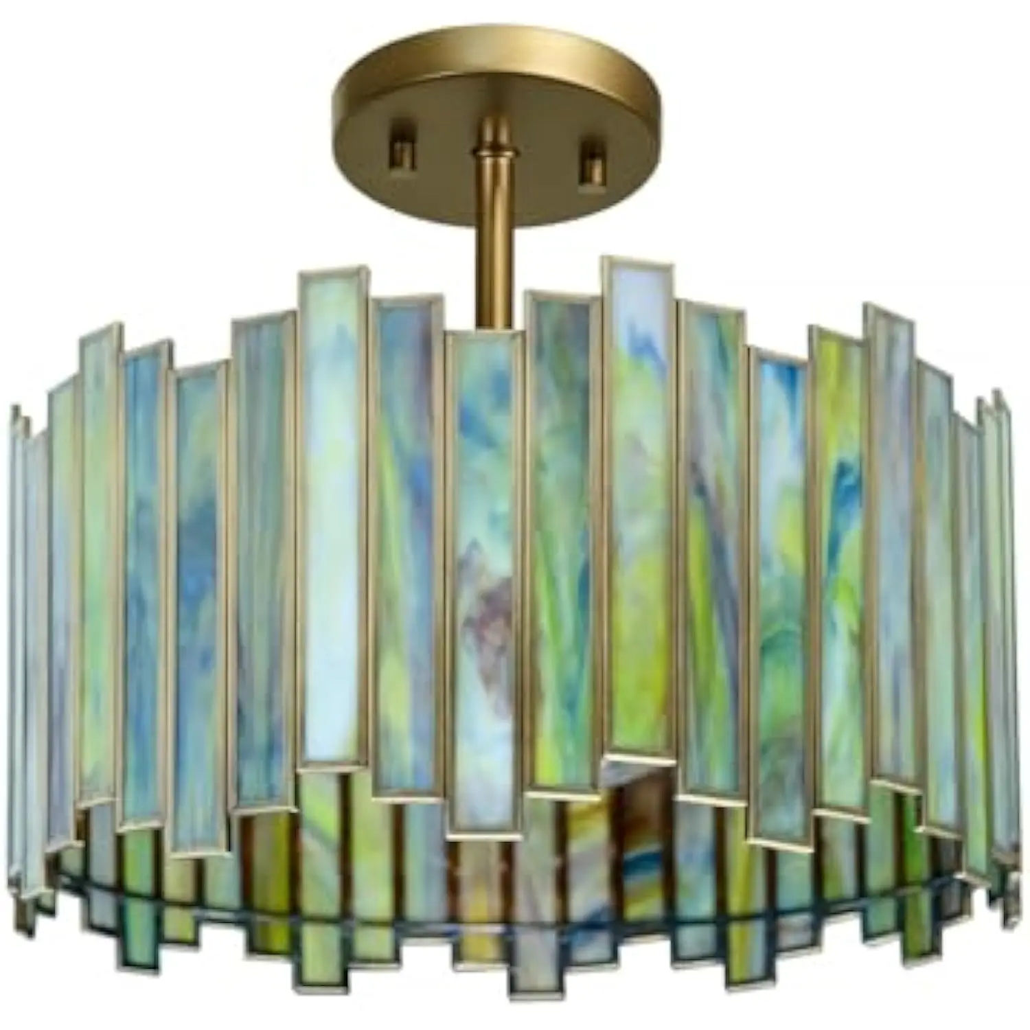

Antique Brass Ceiling Light Fixture in Drum Shape, 12.5” Semi Flush Mount Stained Tiffany Lamp with Mable Green Glass, 3 Light