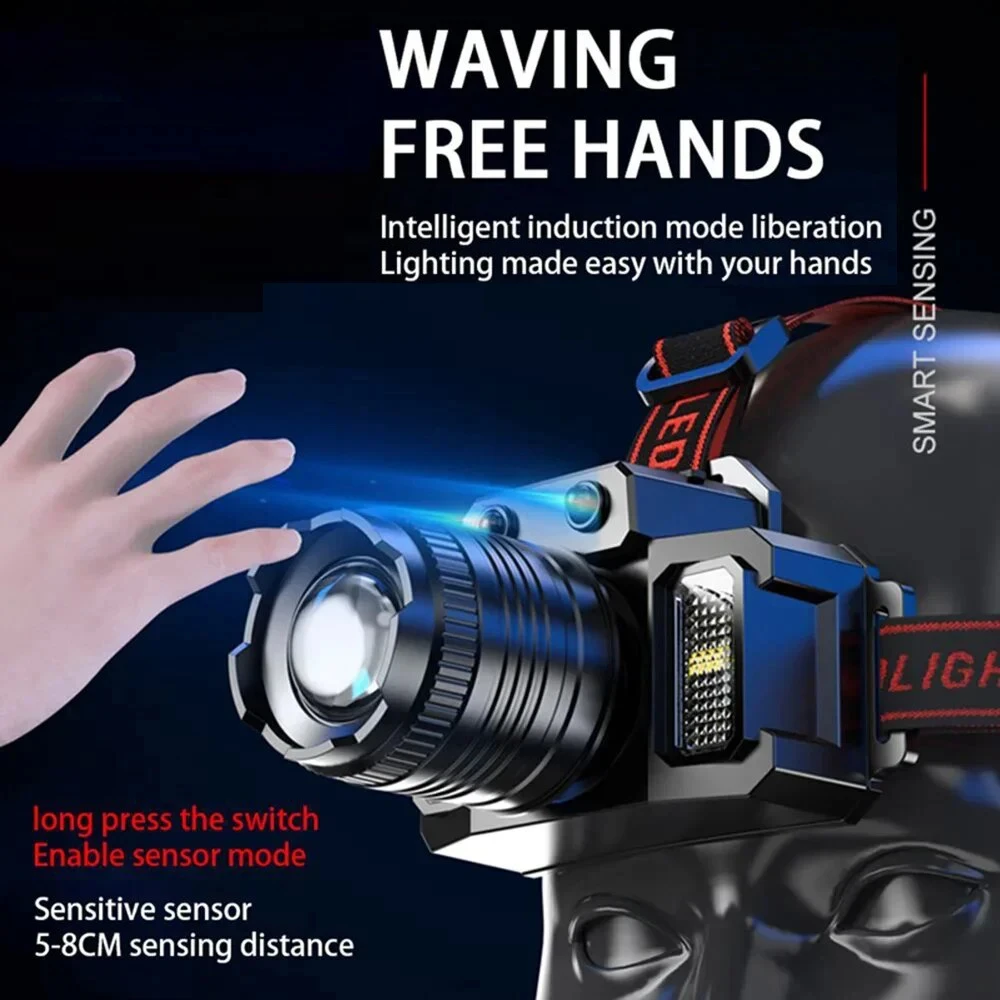 Linterna frontal con Sensor LED, luz de búsqueda para acampada, potente linterna frontal recargable, linterna frontal de 5 estilos