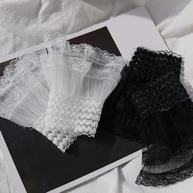 R1WE Decorated Cuffs Fake Sleeve for Wedding Dress Wild Decorative Lace Sleeves Flounces Wrist Sleeves Pleated Wrist Cuffs