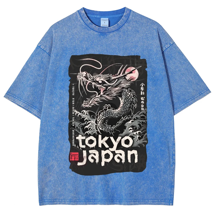 Japanse Stijl Cartoon Drakenprint Dames T-Shirt Fashion Design Wash Losse Korte Mouw Unisex Katoenen Comfort Top 2024 Zomer