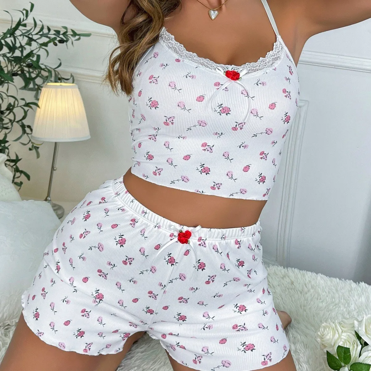 Sexy Pajama Set for Women Flower Print Sleepwear Lace Bow Trim Camisole Top Shorts Suit Female Casual Sports Nighties Loungewear