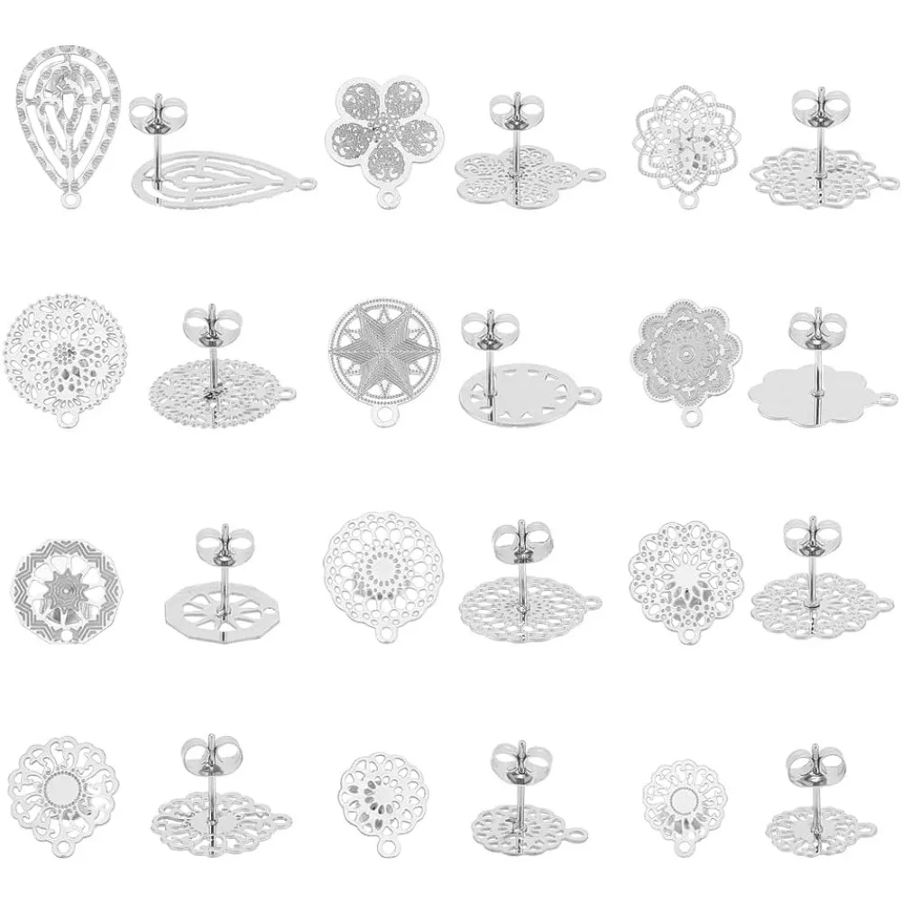 

24pcs 12 Styles Stainless Steel Flower Stud Earrings With Loop - Hollow Flat Filigree Posts With Hole Teardrop making kit