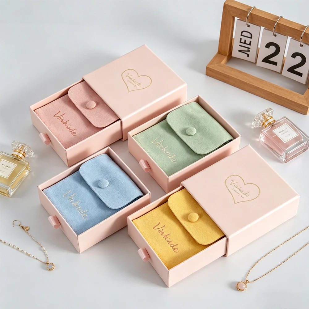 

24/50Pcs Microfiber Envelope Snap Pouch 7*9*3cm Cardboard Jewelry Drawer Boxes for Earrings Rings Brooch Oil Storage Bag Set