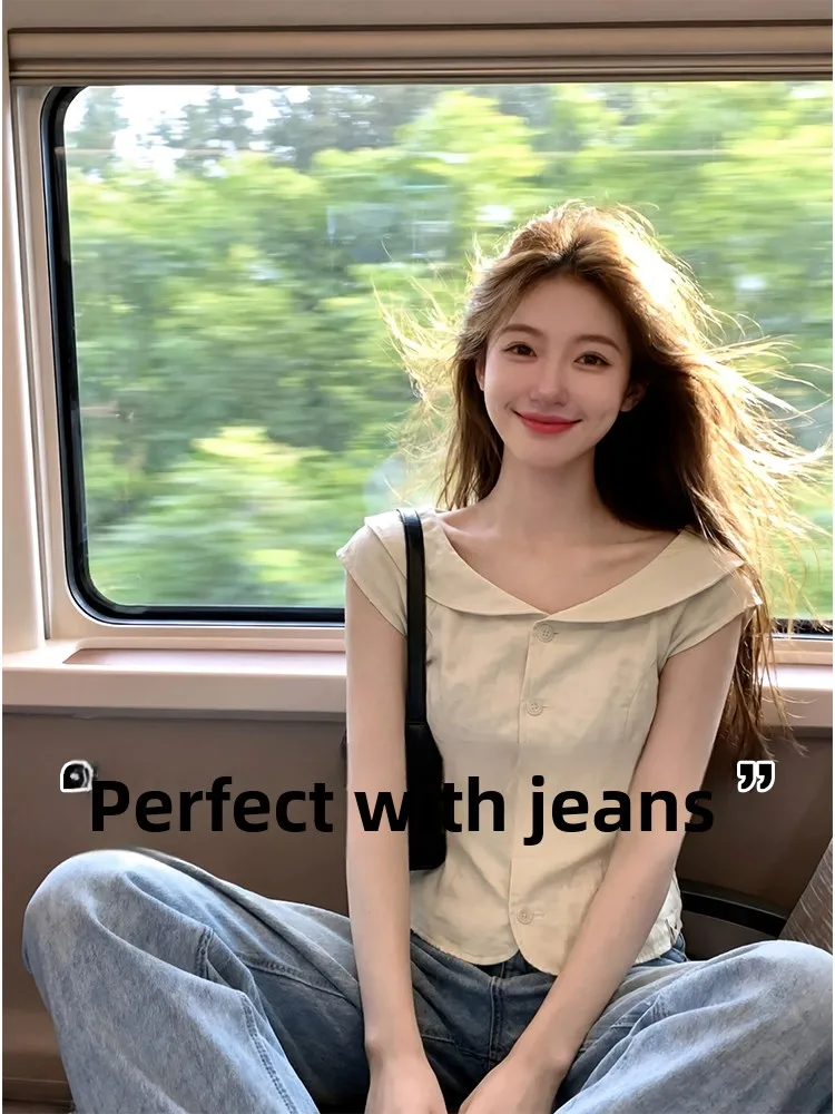 

Sweet Korean Style Doll Collar Shirt Women's Slim Fit Summer Outerwear Fashionable Youthful Casual Breathable Button up