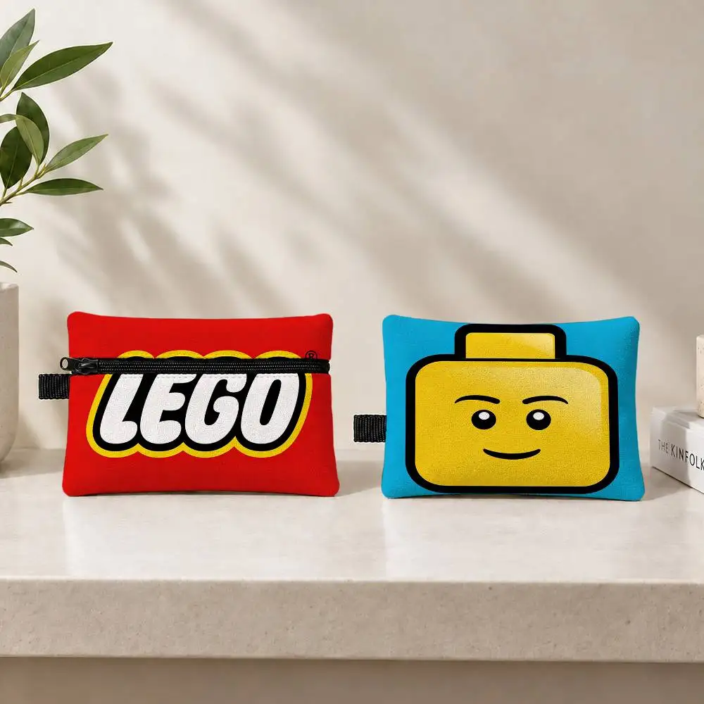 Cool L-LEGOs Fashion Cartoon Mini Hanging Oxford Cloth Coin Bag Durable Zipper Key Card Pouch With Carabiner
