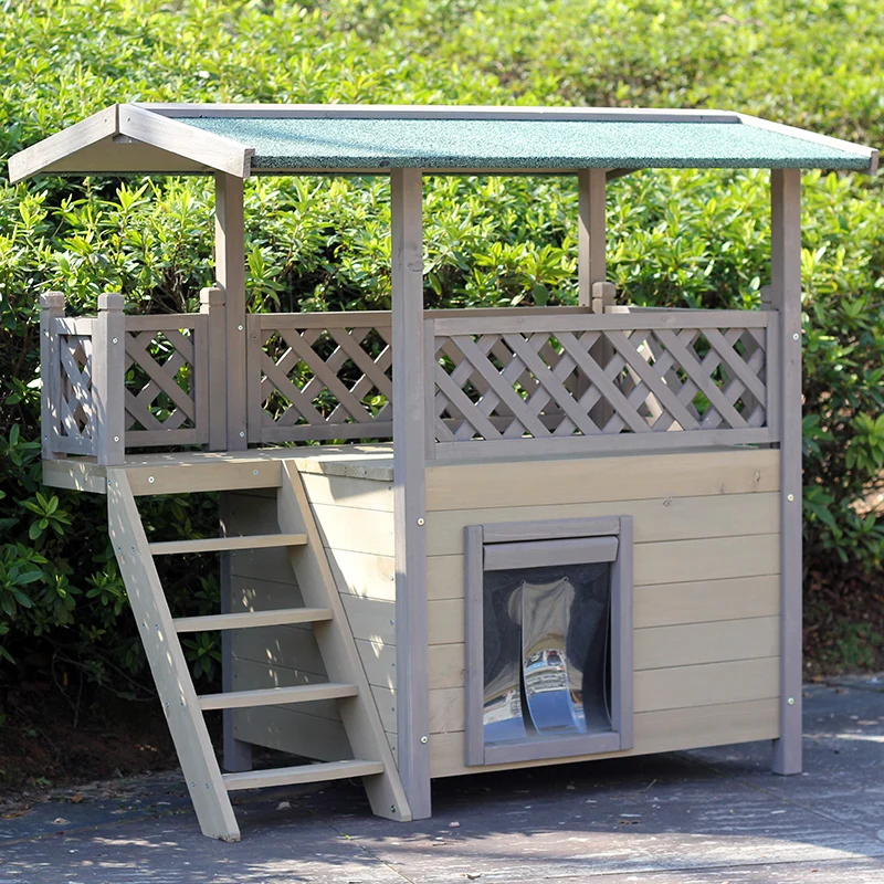 Outdoor Solid Wood Medium Small Rainproof Cat  Rabbit Nest Cat House Double Floor Universal Pet House