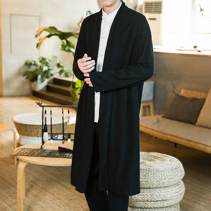 

Lin Men Qing Spring Autumn Linen Men's Long Coat Youthful Traditional Chinese Sle Loose Fit Sunscreen Outerwear