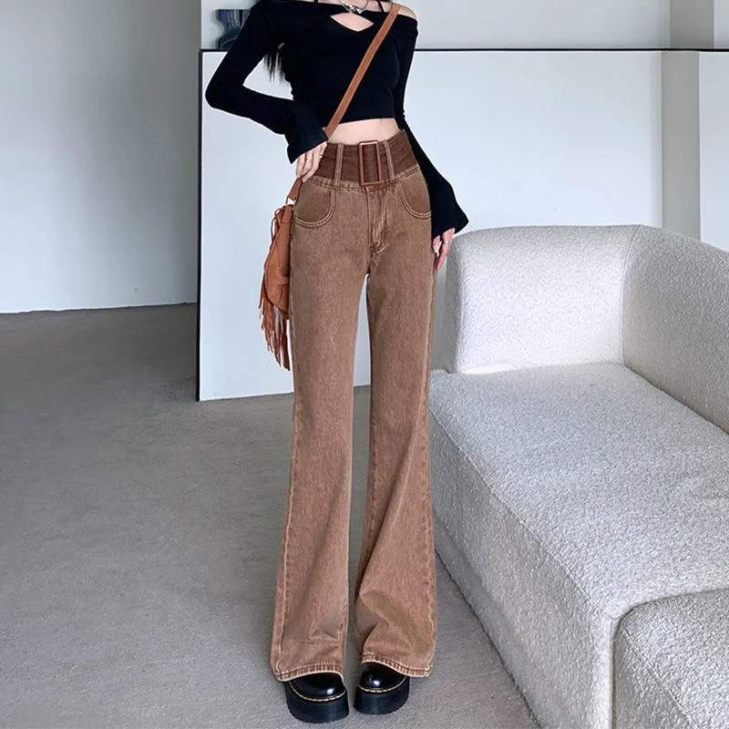 

Brown Flare Jeans for Women Casual Y2K Streetwear High Waist Denim Pants Ulzzang All Match Girls Vintage Trousers Bell Bottom