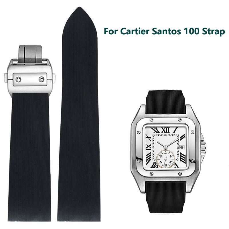 Silicone Rubber Watch Band For Cartier Santos 100 W2020007 W2020008 Watch Straps Waterproof Watch Bracelet 25mm