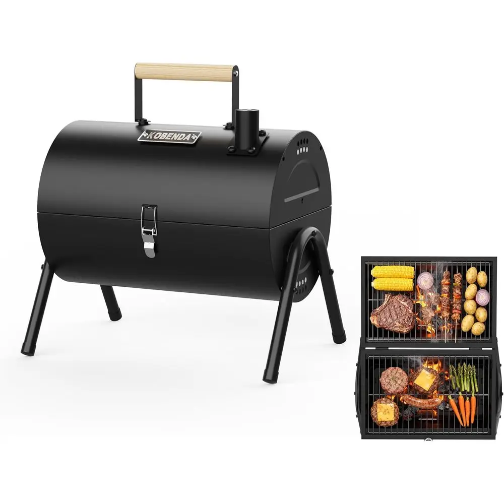 

Portable Charcoal Grill with Warming Rack, Wooden Handle, Tabletop BBQ Grill for Outdoor Barbecue Camping Picnic Backyard Patio