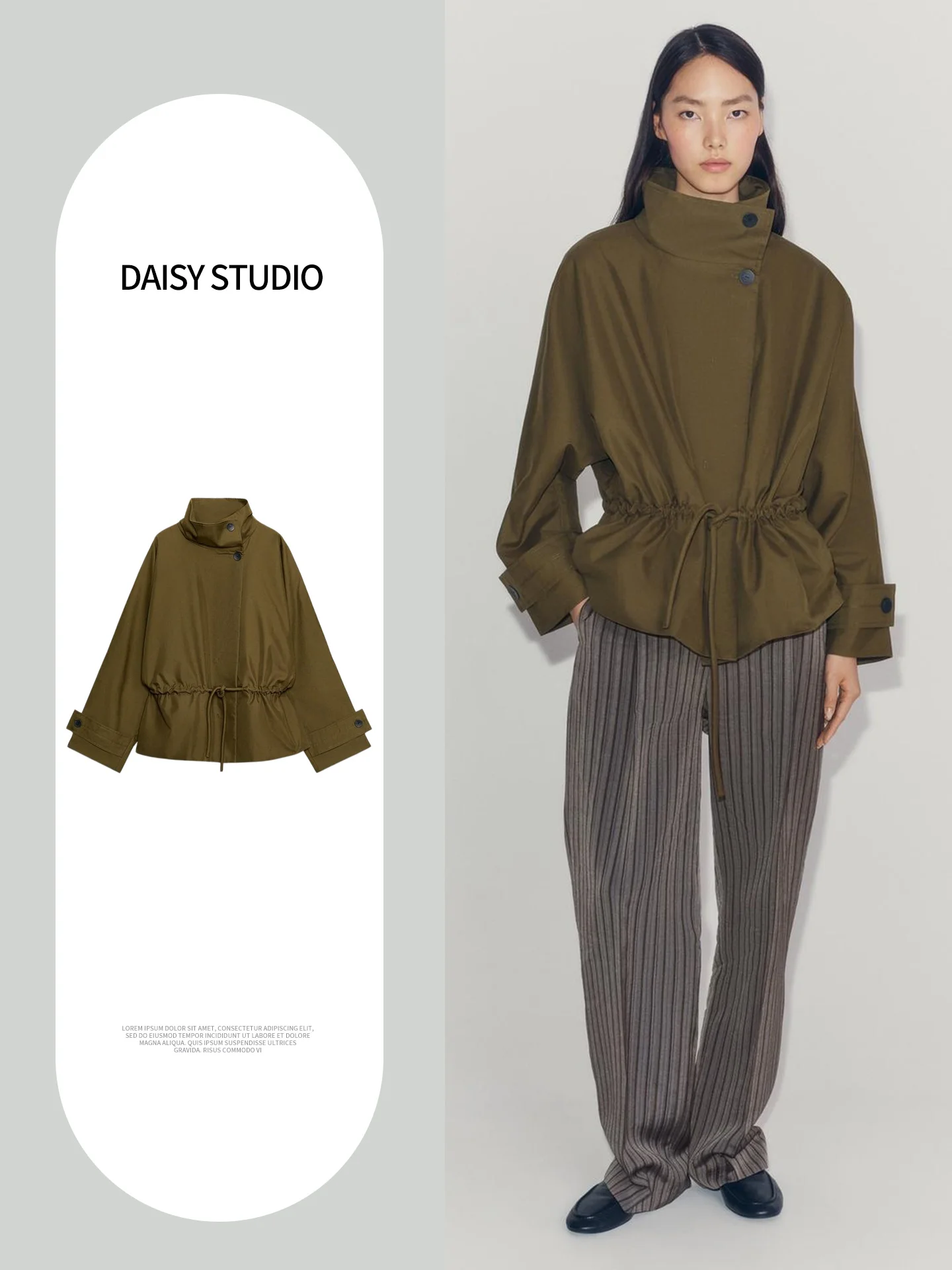 Fall New Arrival Women's Commute Style Long Sleeve High Collar Adjustable Tie Loose Short Coat Polyester Fiber Button Detail