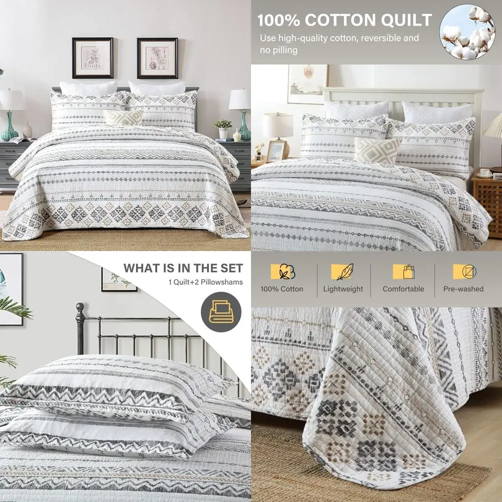 

King Size Cotton Boho Quilt Set - Reversible Striped Bedspreads for Bohemian Bedding