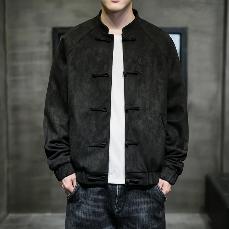 Autumn Winter Chinese Men\'s Clothing Loose Deerskin Velvet Retro Tang Jacket Suede Coat Outwear Male Traditional Chinese Clothes
