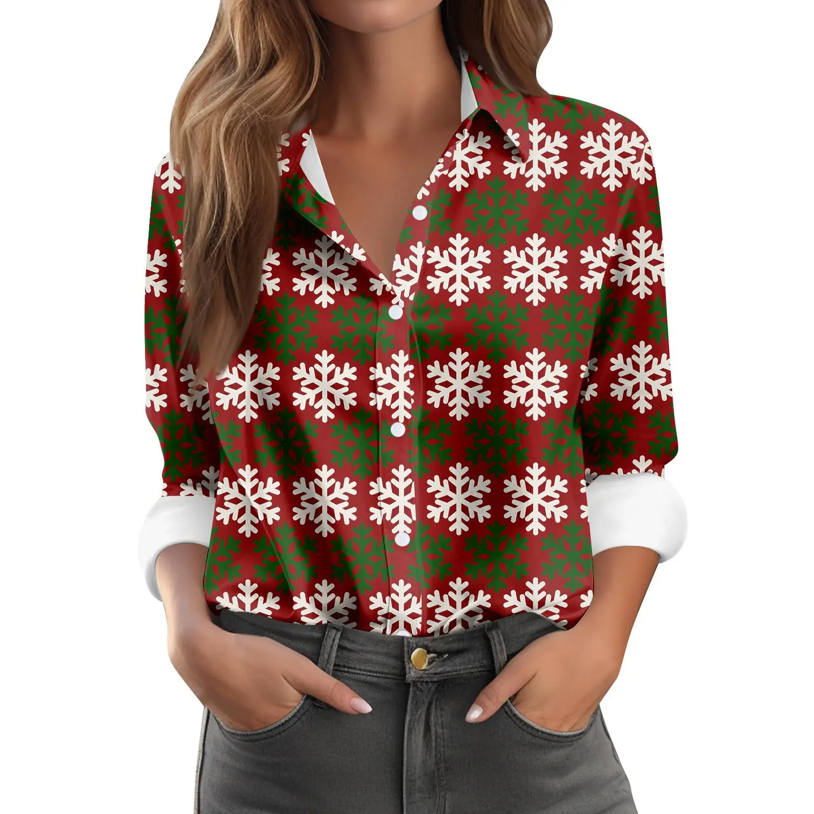 

Green Red White Christmas Snowflakes Print Shirts Tops For Women's Autumn Winter Blouses Long Sleeve Loose Christmas Party Shirt