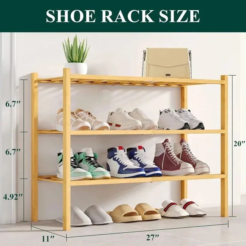 Contemporary Durable 3-Tier Bamboo Shoe Rack Stackable  Standing Home Furniture Lightweight Space Saving Storage Organizer