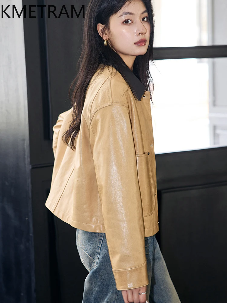 100% Oil Wax Sheepskin Jacket Woman Pudding Yellow Genuine Leather Jackets New in Outerwears Fall Clothes 2025 Women дубленка