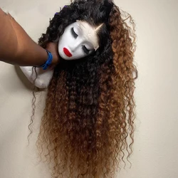 Soft Ombre Brown Kinky Curly 180Density 26Inch Long Lace Front Wig For Black Women With Baby Hair Preplucked Natural Hairline