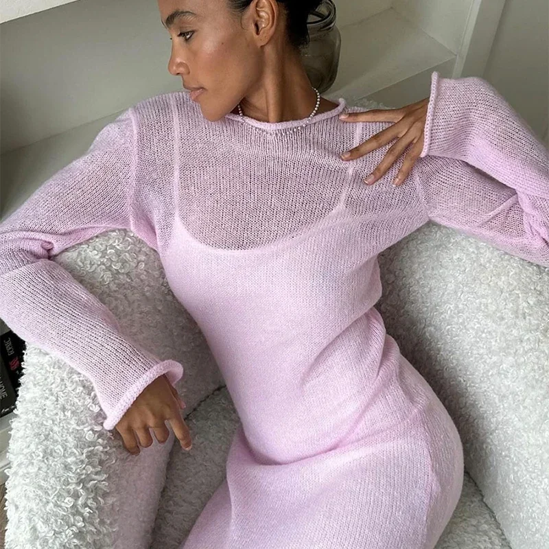 Sling Dress Suit Women Knit Round Neck Elegant Solid Long Sleeves Robe Female 2024 Fashion Hollow Out Set 2 Pieces Dresses Lady