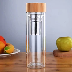 Bamboo Lid Double Layer Glass Heat Resistant Mug with Tea Filter Transparent Water Bottle Portable Leak-Proof Glass Mugs