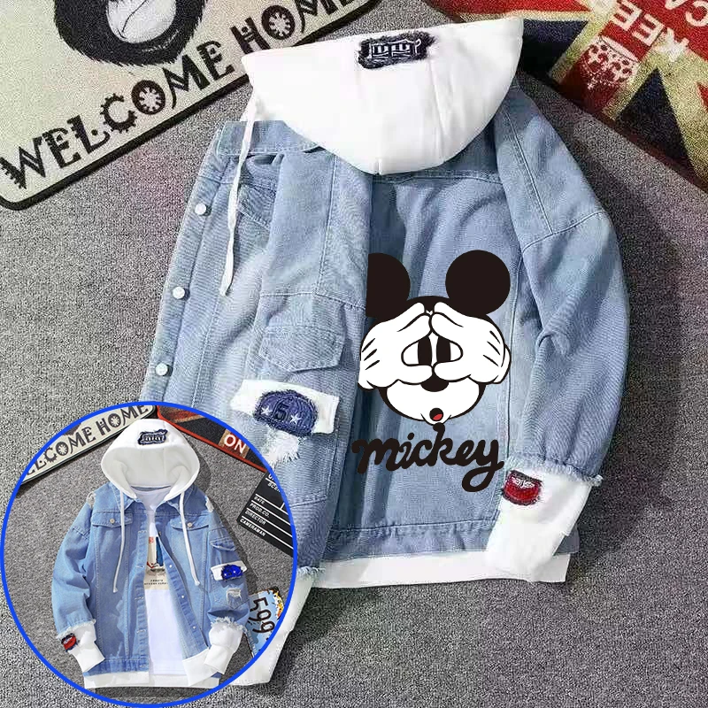 Mickey Minnie Mouse Denim Jackets Women Retro Fake Two Hoodie Jacket Drawstring Button Hooded Jean Coat Female Casual Outerwear