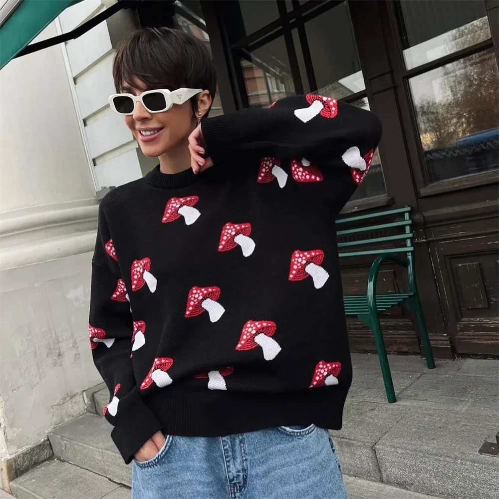 Women\'s Clothing Trend 2024 New Fashion Mushroom Graphic Print Sweater Long Sleeve Plus Size Tops Loose Casual Street Pullovers