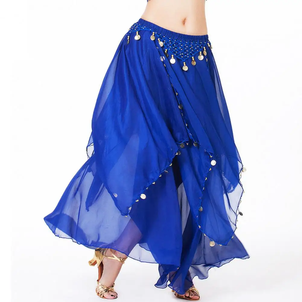 

Elegant Women Chiffon Skirt Elastic Waist Multi-Layered Mesh Folk Dance Skirt Sequins Stage Performance Skirt Summer