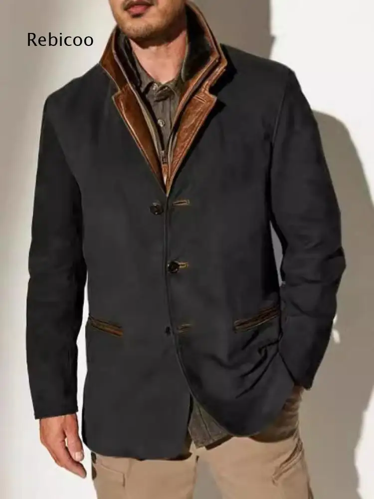Men Notched Lapel Button Front Jacket Contrast Trim Collar Outerwear With Flap Pockets For Autumn Winter Business Casual Outfits