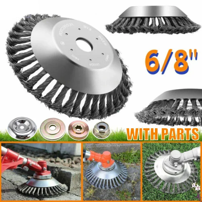 6/8inch Wire Brush Trimmer Head Steel Universal Grass Trimmer Blade Head with Lawnmower Blade Adapter Garden Tool