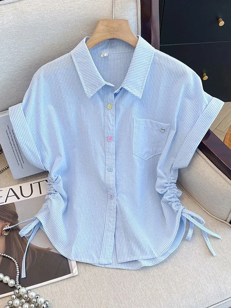 Koreańska urocza koszula w paski damska luźna z krótkim rękawem vintage bluzka codzienna letnia kolorowa z guzikami marszczeniami w stylu preppy topy