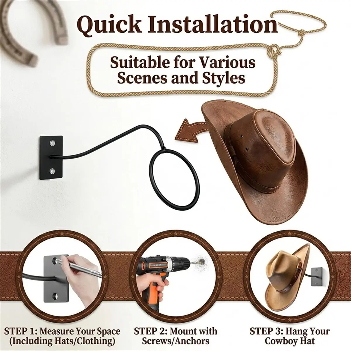 Home Tool 2 Pack Cowboy Hat Holder, Hat Rack for Wall Mount, Metal Hat Organizer Storage Cowboy Hats Hanger Hooks for Wide Brim