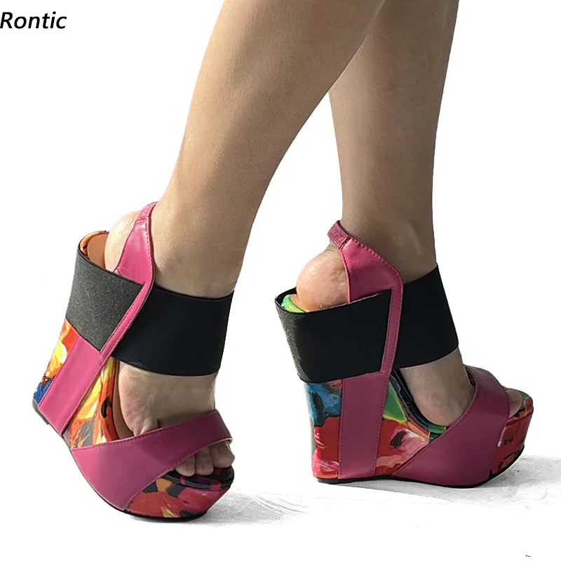 

Rontic/Новые модные женские летние сандалии на танкетке с принтом, с открытым носком, красивые красные туфли цвета фуксии для вечеринок, женские американские большие размеры 5-20