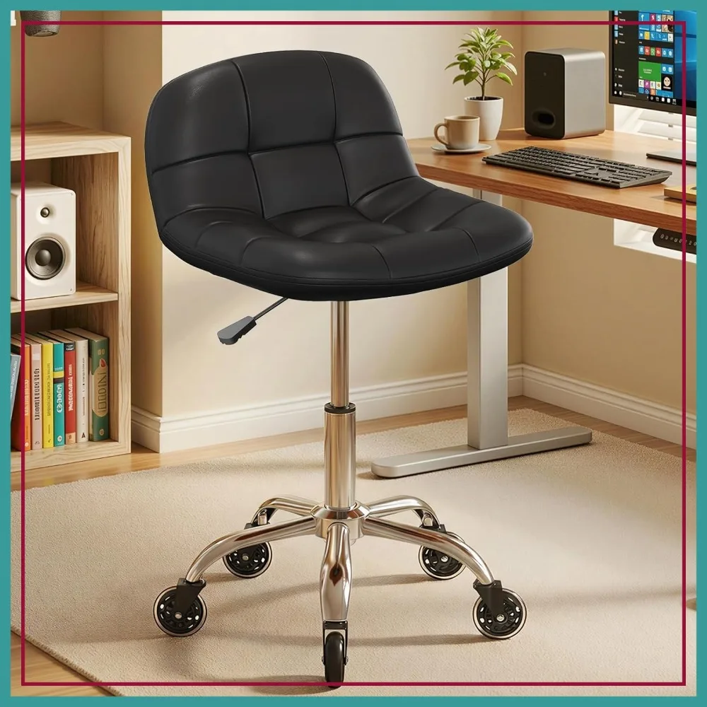 

Height Adjustable Rolling Stool with Wheels, PU Leather Drafting Chair with Back Support for Home Office