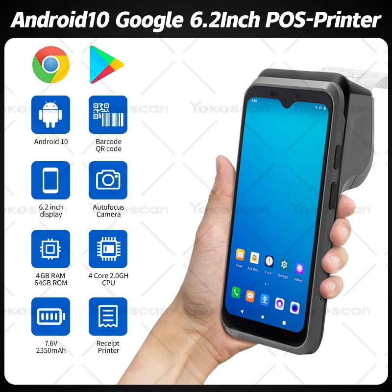 Google Handheld POS Terminal 4+64GB 6.2Inch Android10 PDA 58mm Ticket Bill Printer 4G  Barcode Scanner WiFi Mobile 4-core  H3