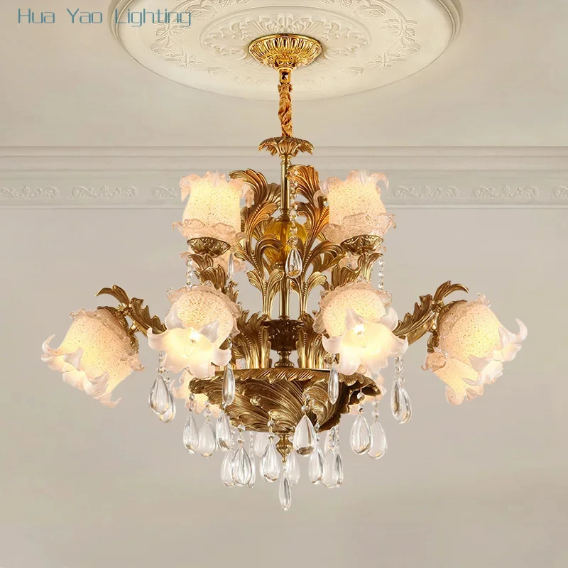 

French Style Brass Cyrstal Pendant Light Flower Glass Lampshade Wedding Decor European Luxury Dinning Room Copper Chandelier