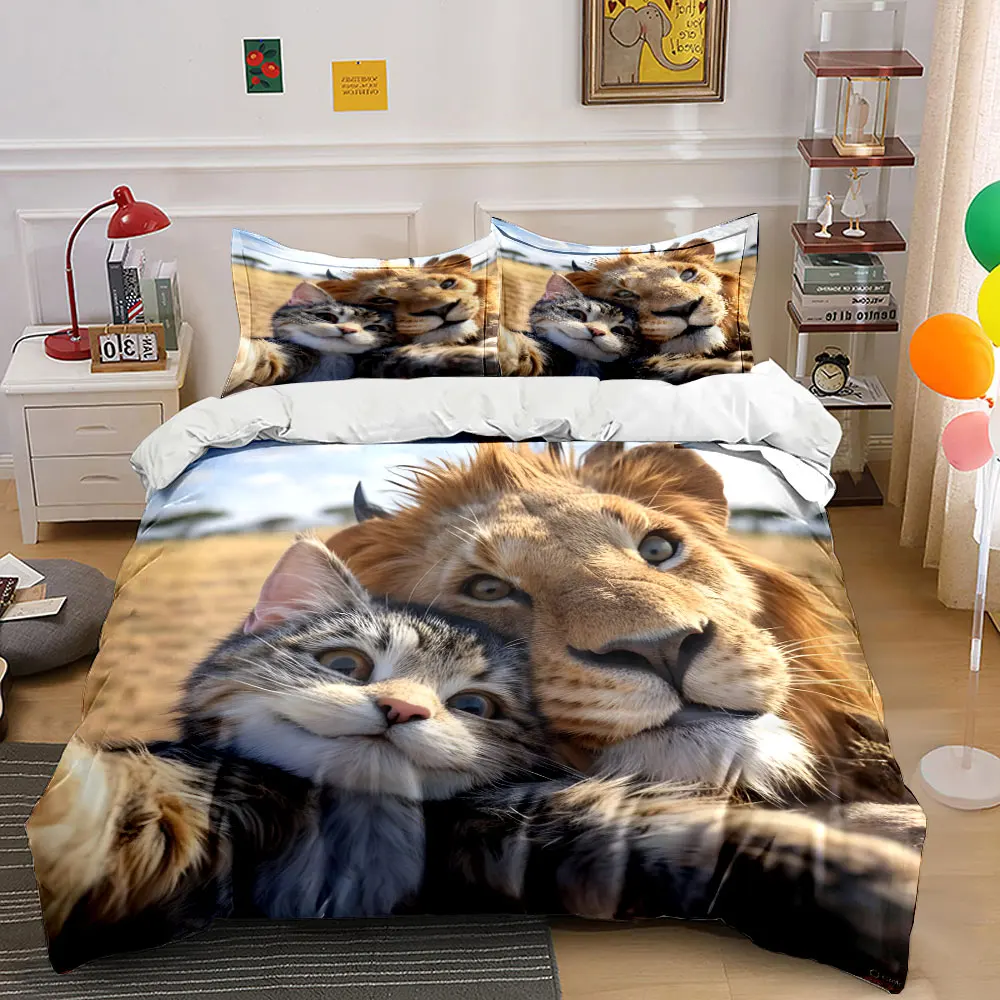 Bettwäsche-Set mit Aufdruck „Löwe und Katze“ im Selfie-Stil, 1 Bettbezug + 2 Kissenbezüge, verschiedene Größen, Schlafzimmer-Bettwäsche-Dekoration, luxuriöse Geschenke