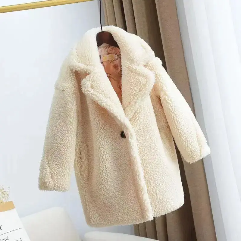 

Children's wool medium long fur coat autumn and winter fashion Girl suit collar with plush thick coat