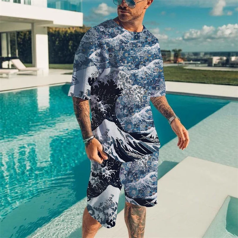 Vintage Wave Print T-shirt Set Summer Men's Beach Breathable Short Sleeve 2 Piece Set Men's Fashion Tops Set Men's Clothing