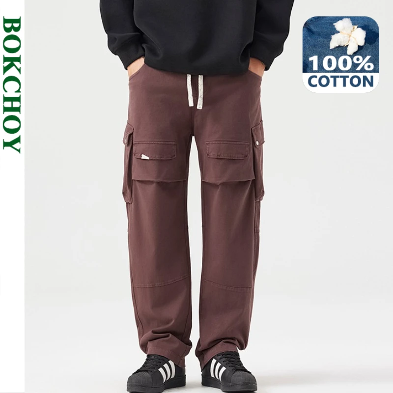 

2025 Autumn New Loose Cargo 100% Cotton Multi-pockets Straight Pants for Men Clothing Drawstring Comfort Male Trouser GF258231