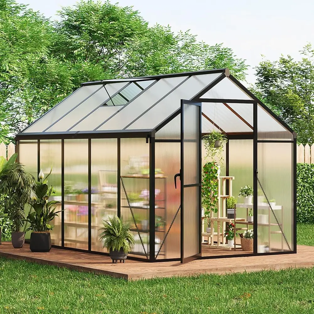 

10 FT Greenhouse for Outdoors, Polycarbonate with Roof Vent, Ground Nails, Lockable Push Door, Aluminum Walk-in Green House for