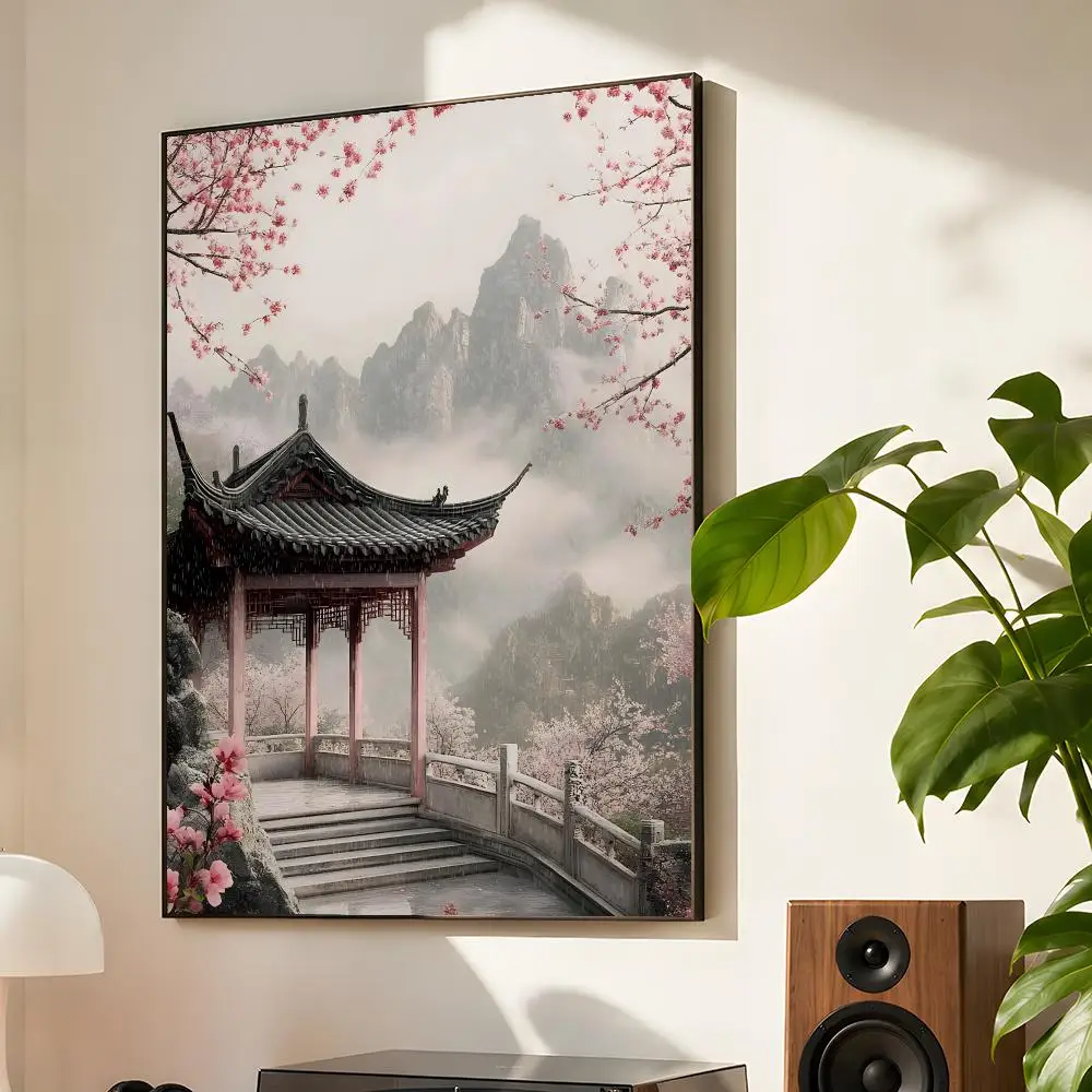 Mountain Temple Dramatic Cloud Waterfall Red Gold Palace Modern Poster Matte Wall Art Waterproof Room Decoration Bedroom
