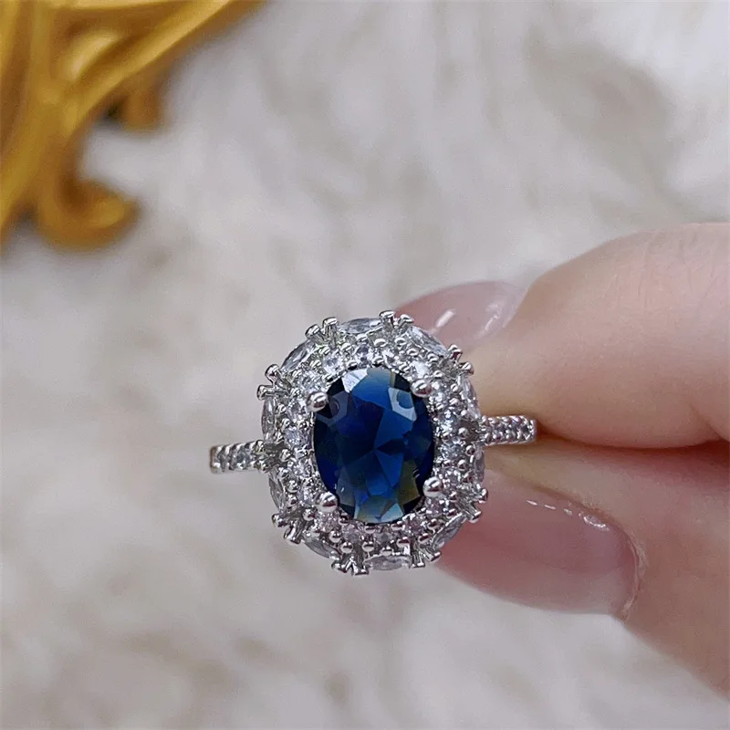 French elegant temperament oval sapphire sterling silver open ring high-end delicate micro-encrusted zirconium designer jewelry