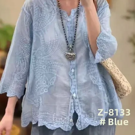 Haftowana koszulka z dekoltem w serek, rękaw 3/4, damska, codzienna, letnia, nowa, luźny krój, ochrona przed słońcem, okrągły dekolt, długi rękaw.